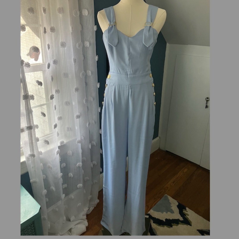 UNIQUE VINTAGE Sedgewick Blue Nautical Pin-Up Tie Back Jumpsuit • size Medium - Picture 2 of 7